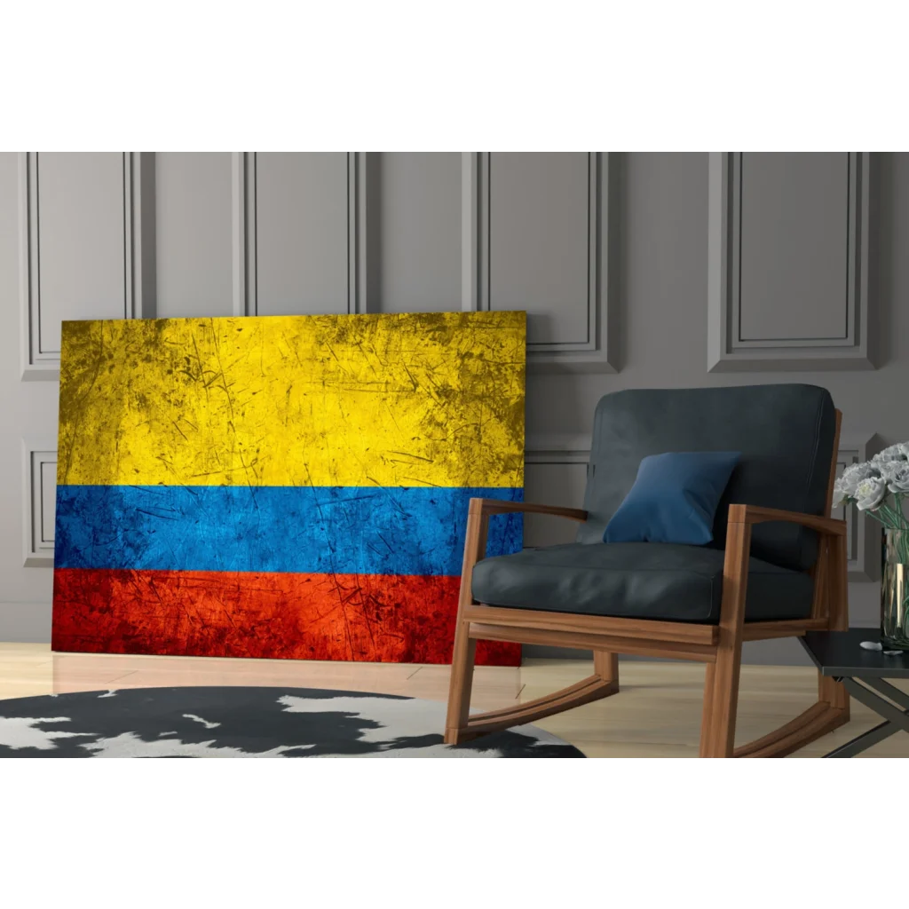 Vibrant distressed Colombian flag wall art canvas with bold stripes