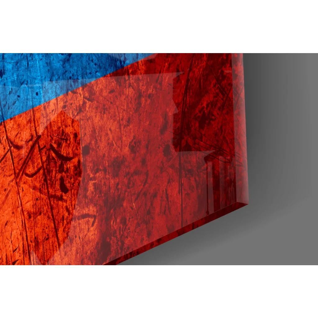 Vibrant red blue abstract canvas wall art with distressed Colombian flag finish