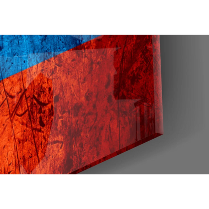 Vibrant red blue abstract canvas wall art with distressed Colombian flag finish