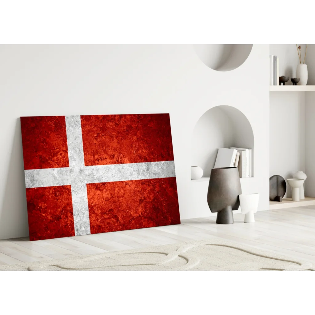 Textured Danish flag wall art in vibrant red and silver on canvas