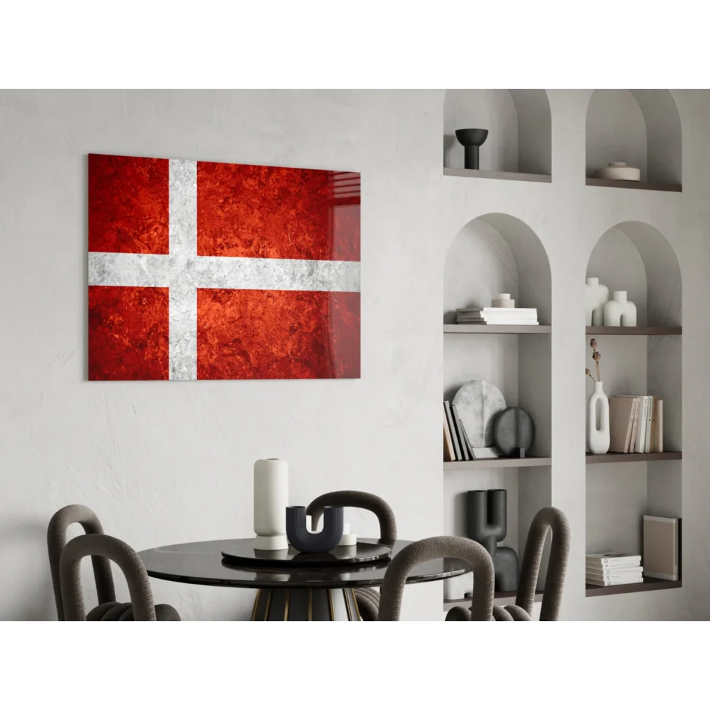 Textured Danish flag wall art canvas with glossy red and white marble finish