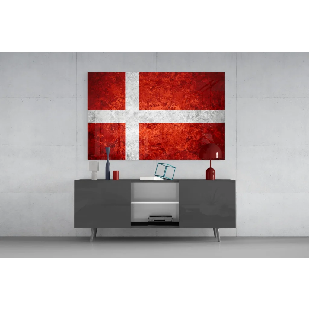 Textured Danish flag wall art canvas in red and white distressed finish