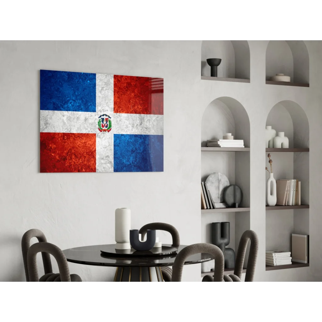 Vibrant Dominican Republic flag glass wall art with glossy canvas texture