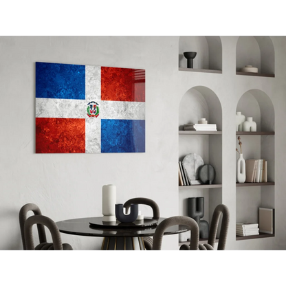 Vibrant Dominican Republic flag glass wall art with glossy canvas texture