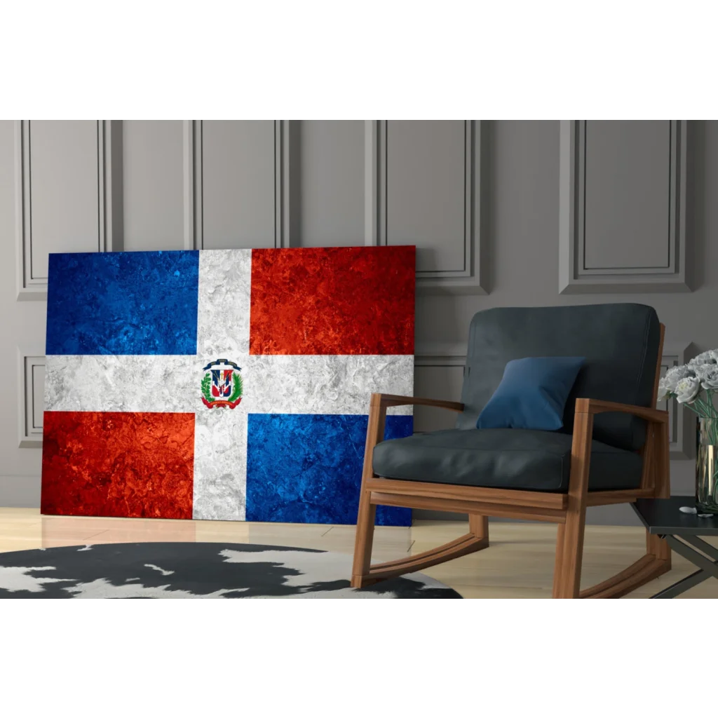 Vibrant Dominican Republic flag glass wall art print with coat of arms