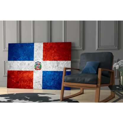 Vibrant Dominican Republic flag glass wall art print with coat of arms