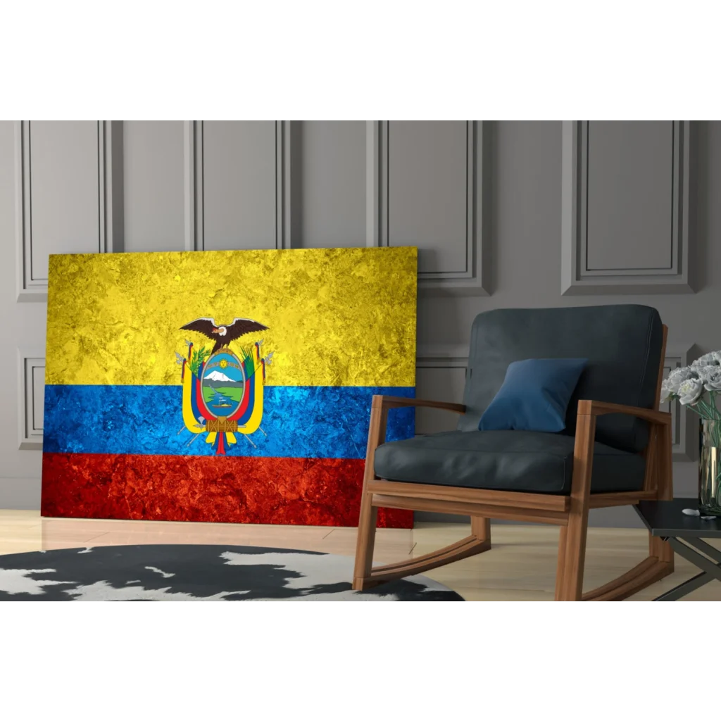 Ecuador flag canvas wall art with vibrant gold blue red stripes and metallic texture