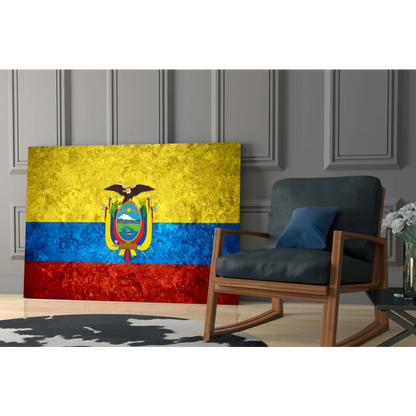 Ecuador flag canvas wall art with vibrant gold blue red stripes and metallic texture