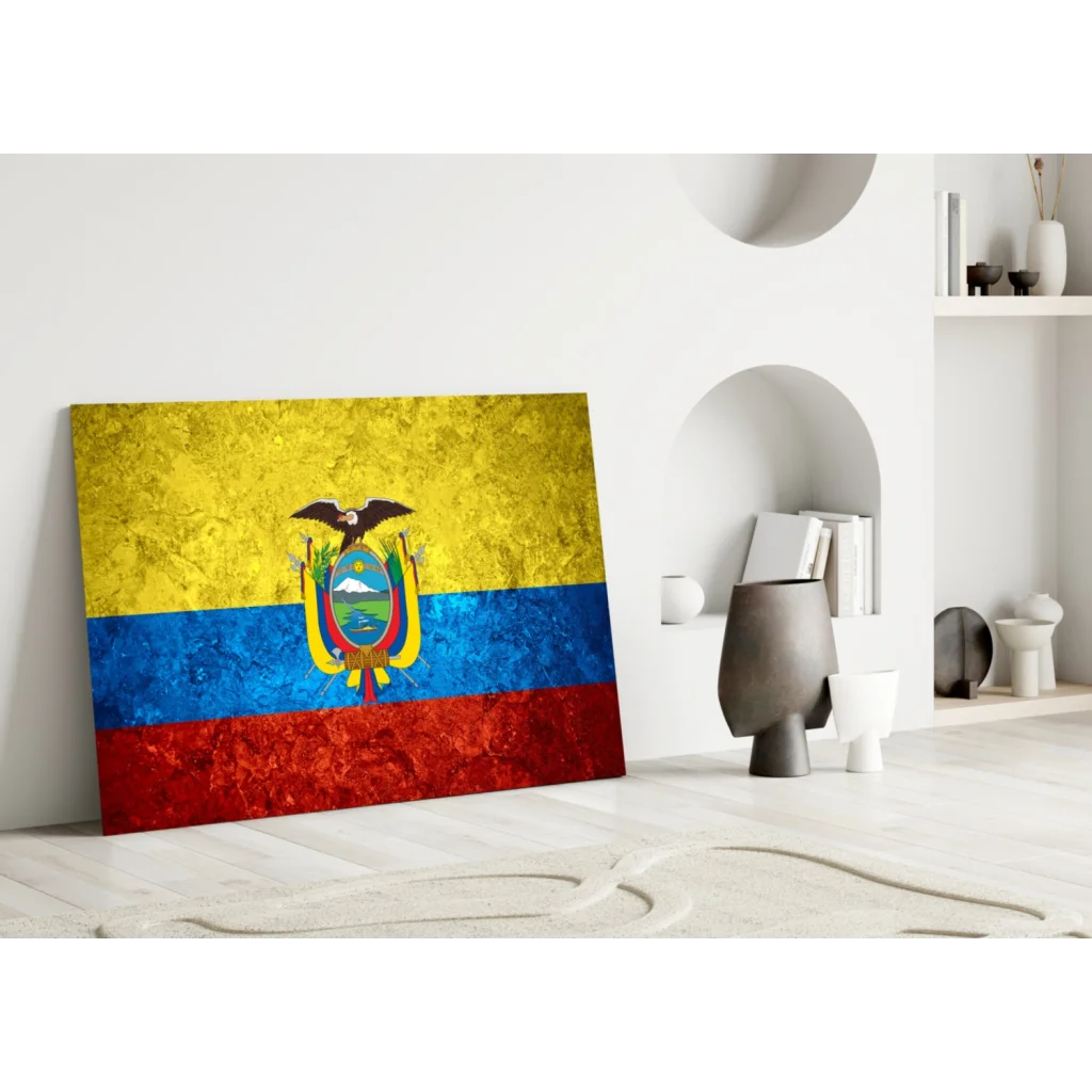 Vibrant Ecuadorian flag canvas wall art with textured yellow, blue, red stripes and emblem