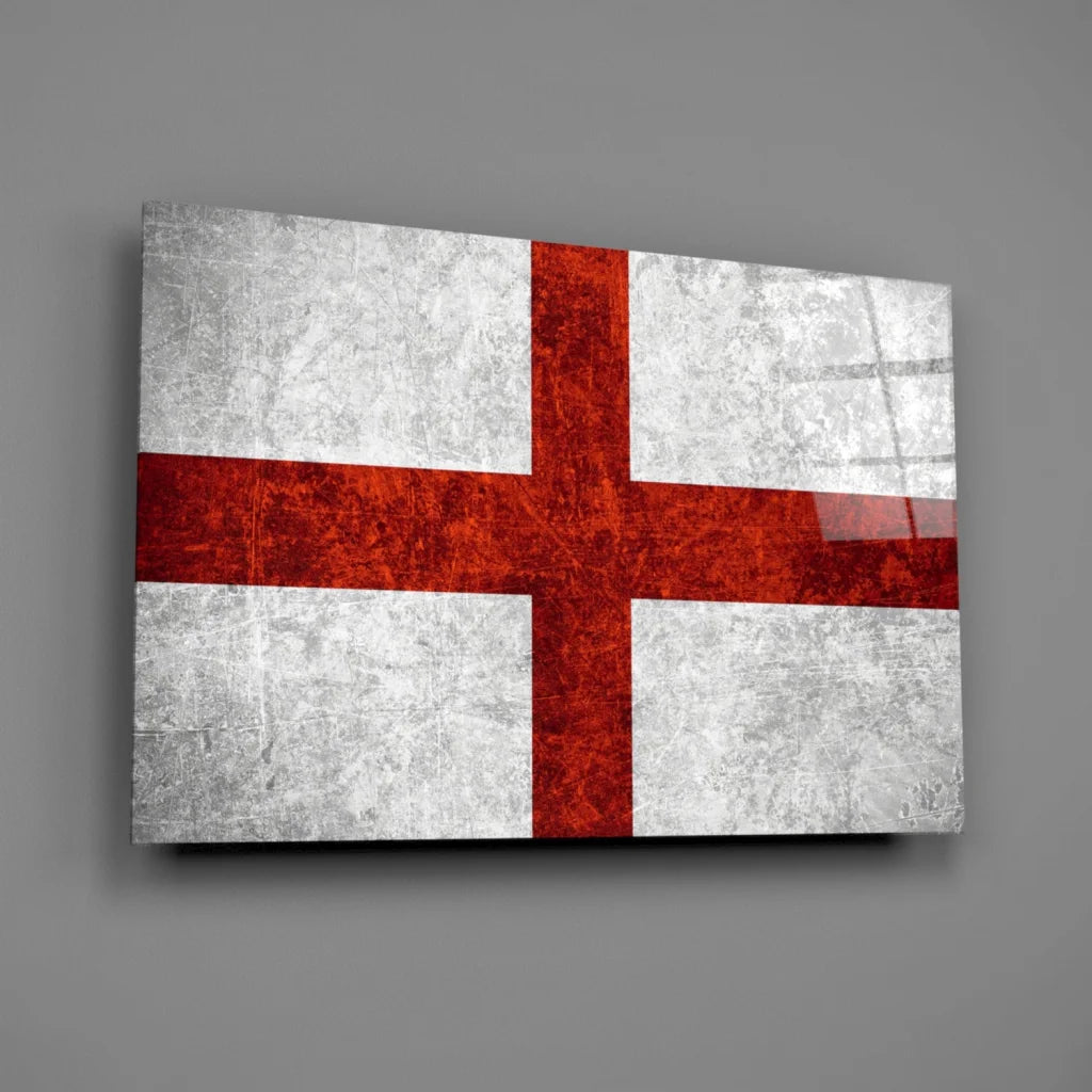 Distressed English Flag Canvas Wall Art with Bold Red Cross | Glass Wall Art Print | vintageantiquesgifts.com