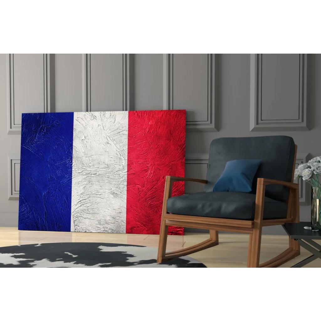 Bold French flag canvas wall art with vibrant textured stripes