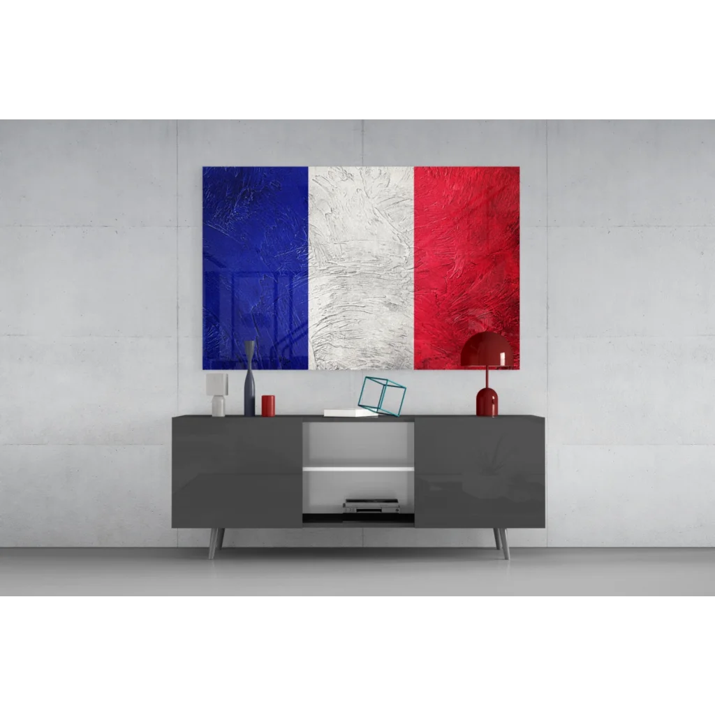 Bold French flag canvas wall art with vibrant blue white red stripes