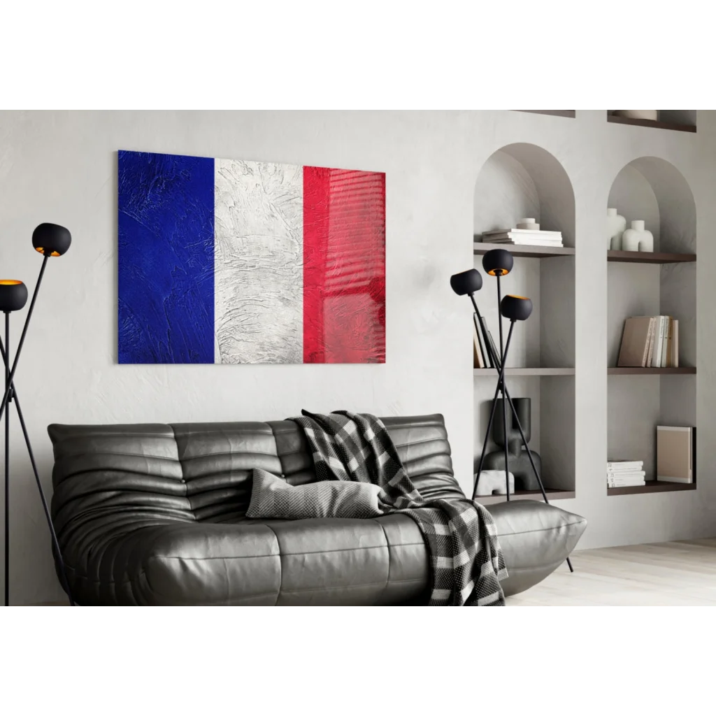 Bold French flag wall art canvas with vibrant blue white red stripes
