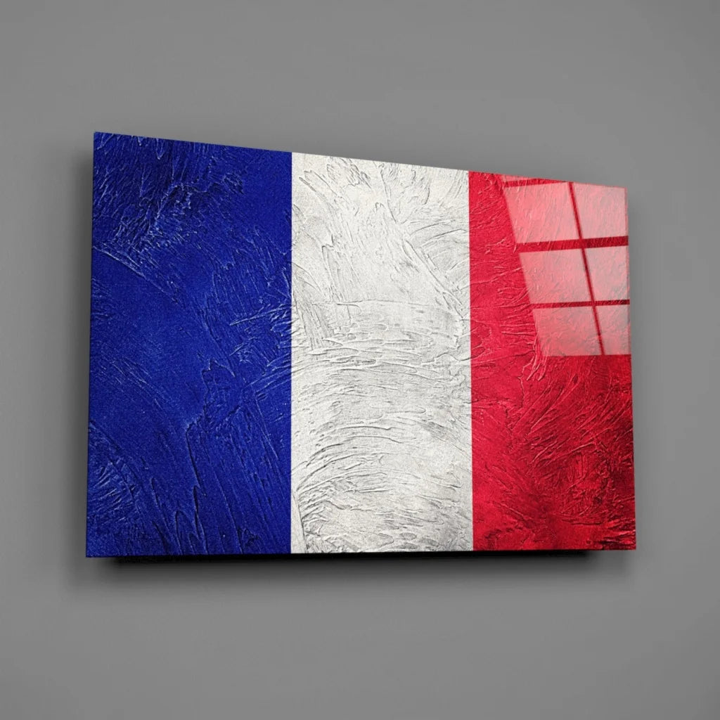 Bold French flag wall art on textured canvas with vibrant blue, white, red stripes