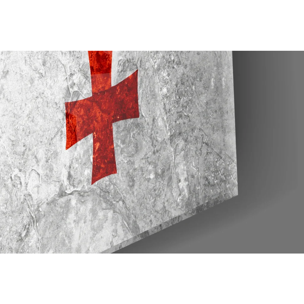 Distressed Georgian flag glass wall art with red cross on silver-gray canvas