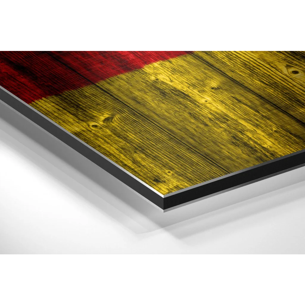 Glass Wall Art Framed Belgium flag on brushed aluminium dibond with rustic wood texture