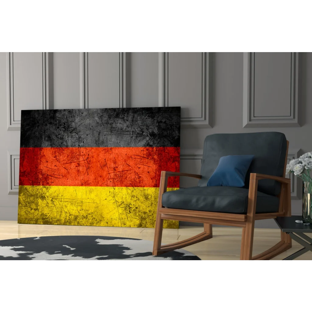 Distressed German flag canvas wall art with bold black red yellow stripes