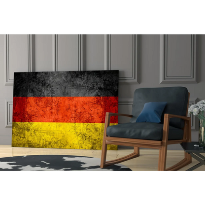 Distressed German flag canvas wall art with bold black red yellow stripes