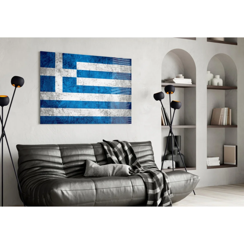 Distressed Greek flag canvas wall art in blue and white