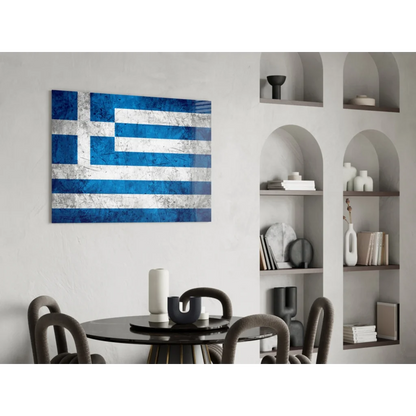 Distressed Greek flag canvas wall art on blue white textured wall