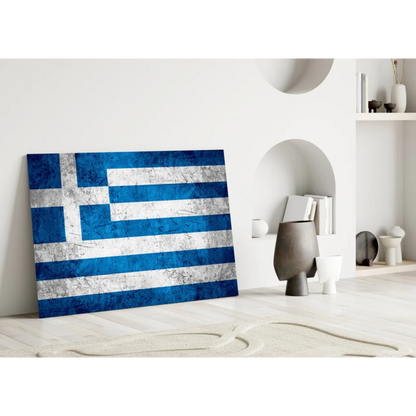 Distressed Greek flag canvas wall art with bold blue stripes and weathered texture