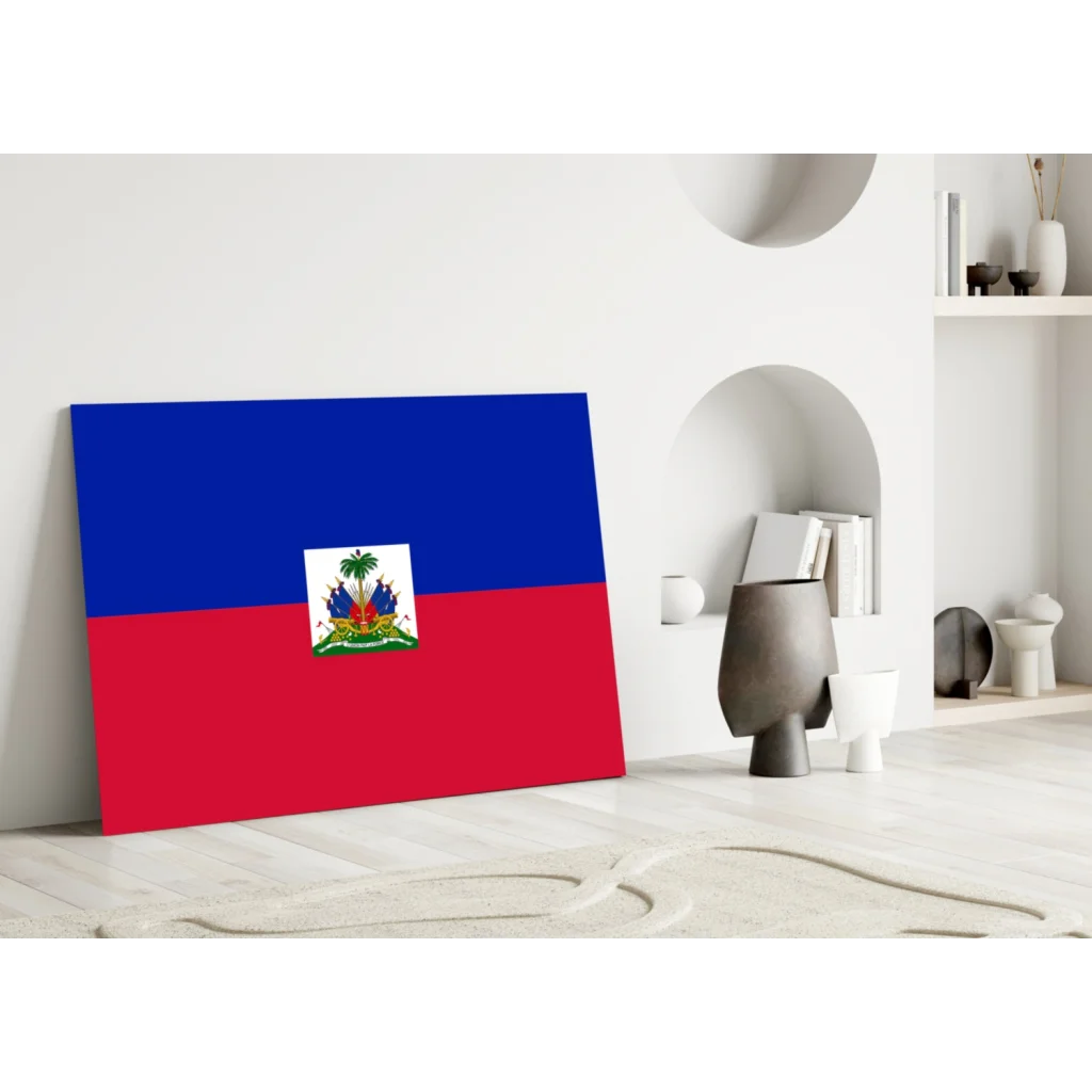 Stunning Haitian flag glass wall art with blue red stripes and emblem