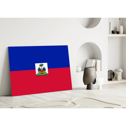Stunning Haitian flag glass wall art with blue red stripes and emblem