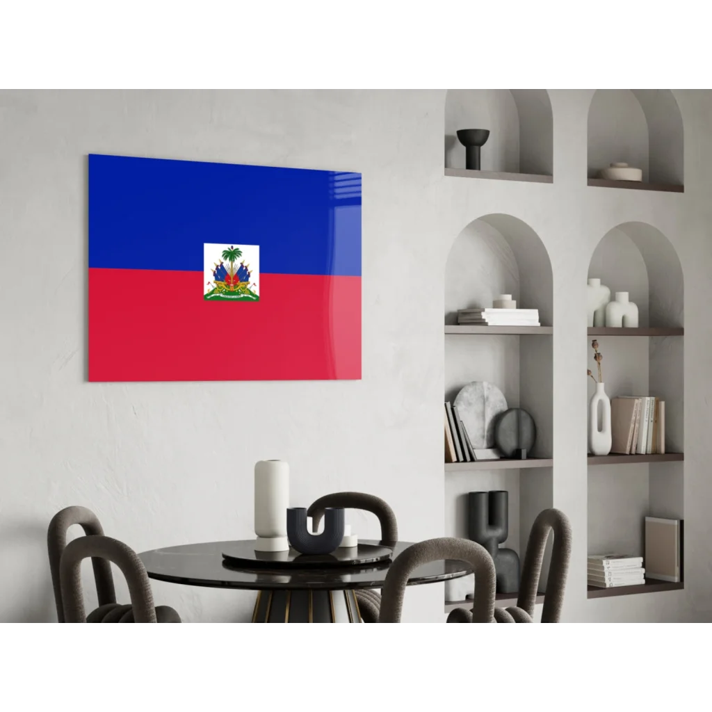 Stunning Haitian flag glass wall art with blue red bands and palm emblem