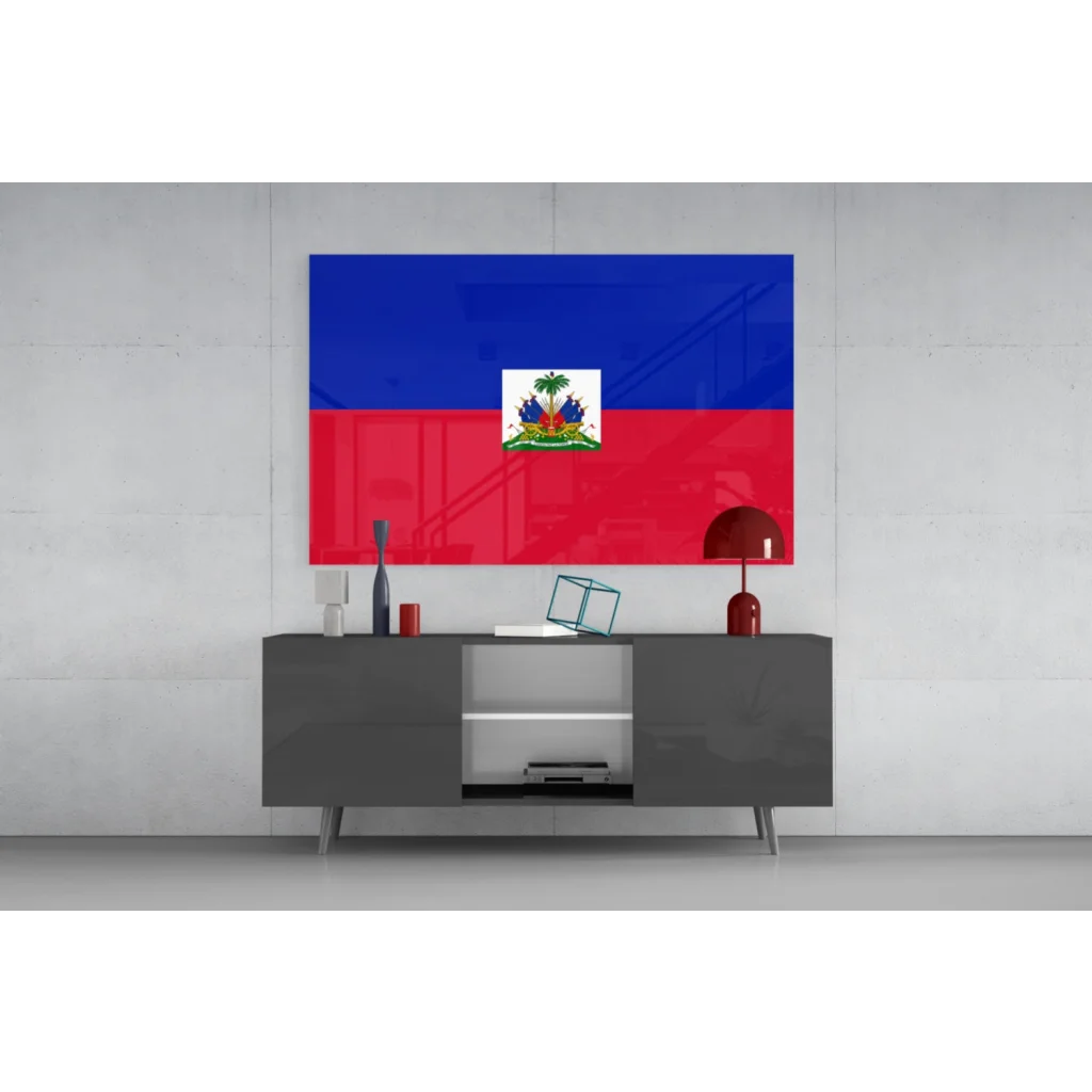 Stunning Haitian flag glass wall art with blue red stripes and emblem