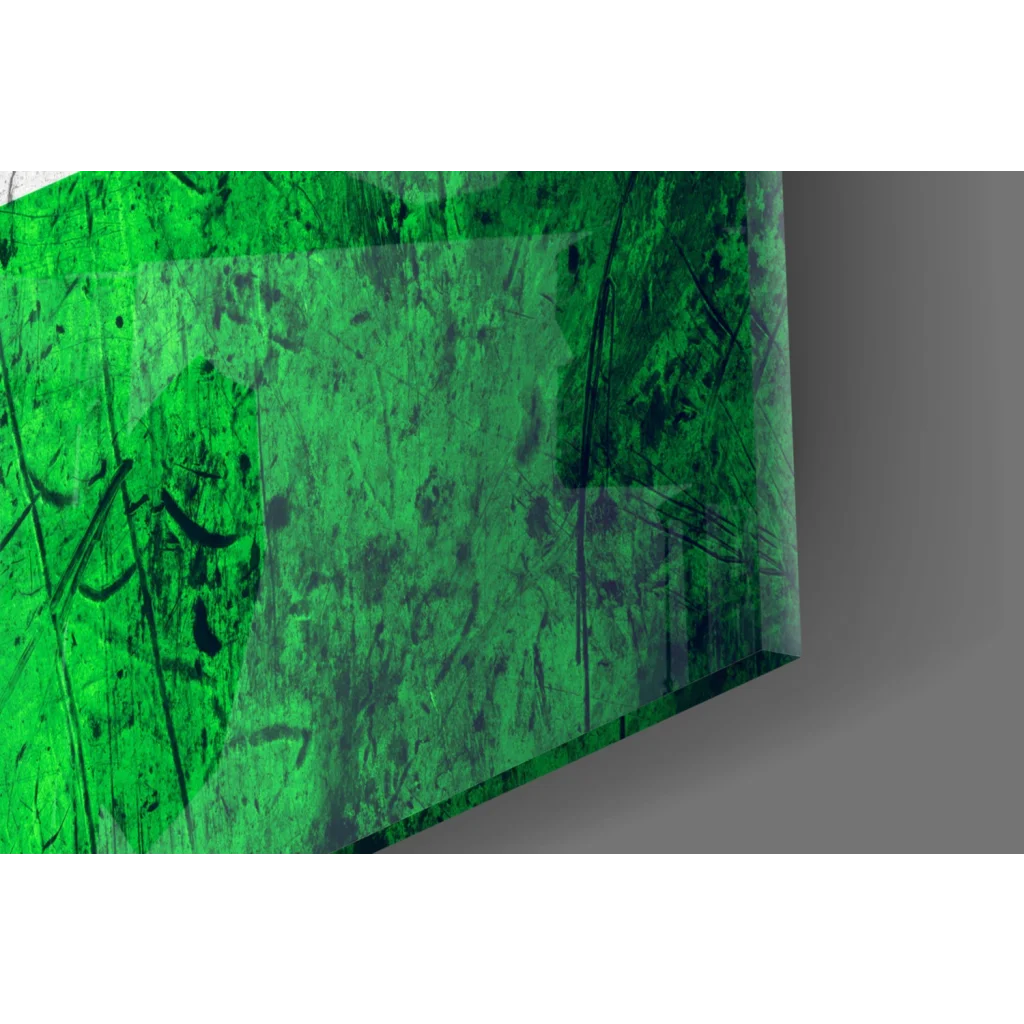 Vibrant green abstract wall art canvas with black paint splatters
