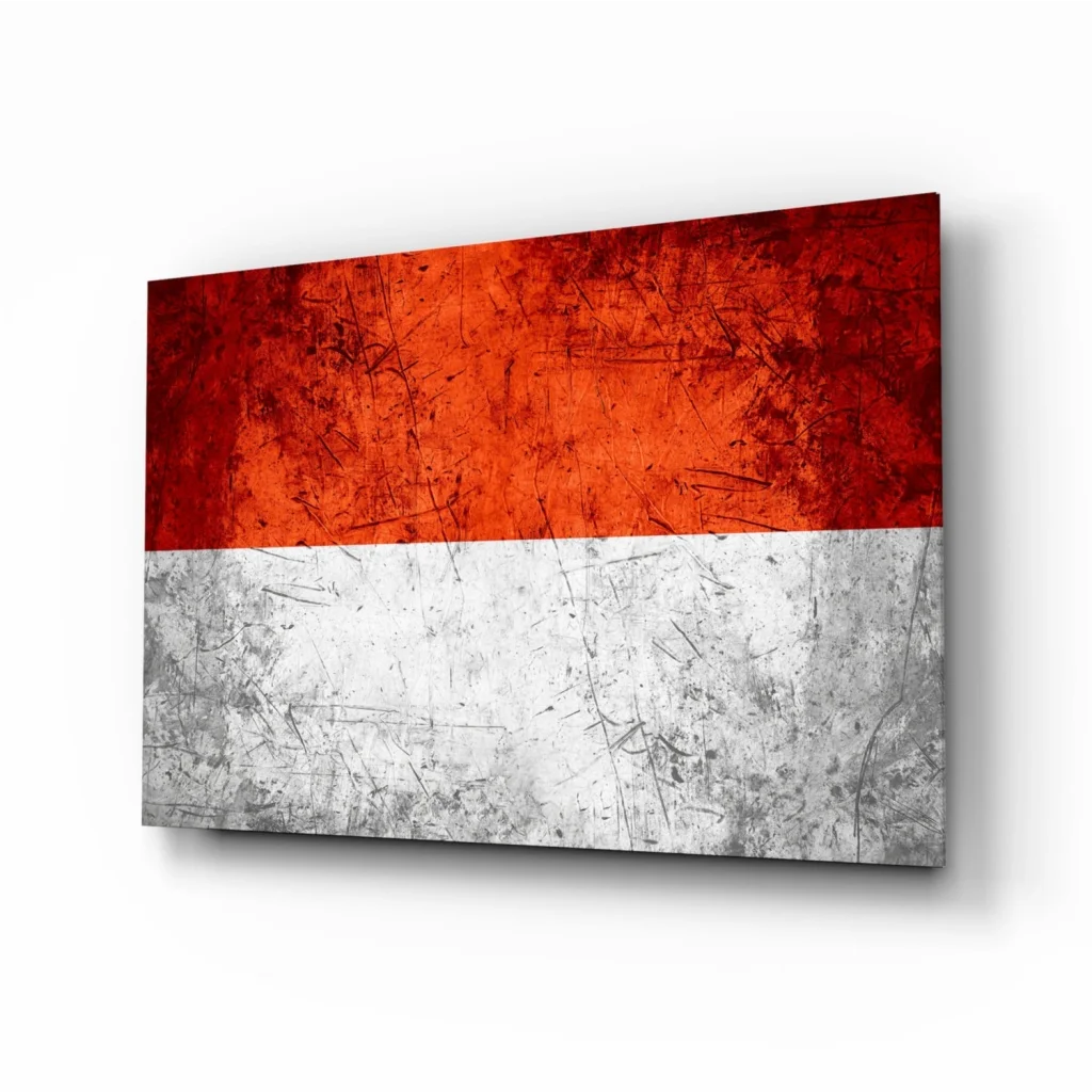 Distressed Indonesian flag glass wall art with bold red metallic texture