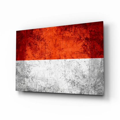 Distressed Indonesian flag glass wall art with bold red metallic texture