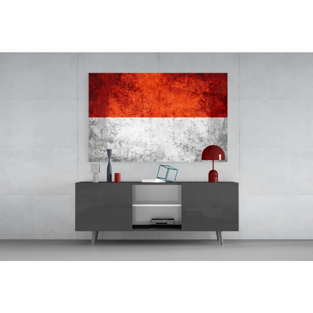 Bold red abstract glass wall art with textured upper red and veined white lower half