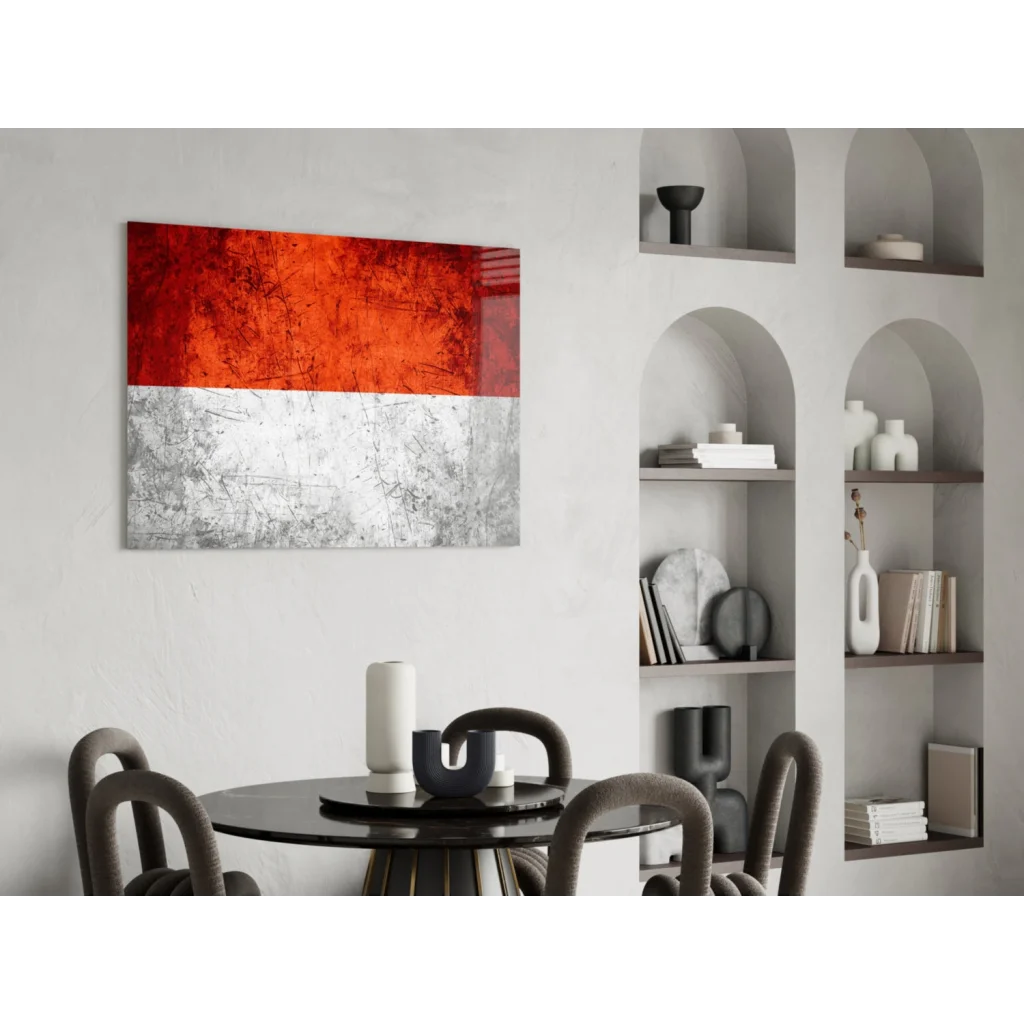 Bold red abstract glass wall art with metallic texture