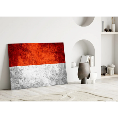 Bold red abstract glass wall art with metallic texture scratches