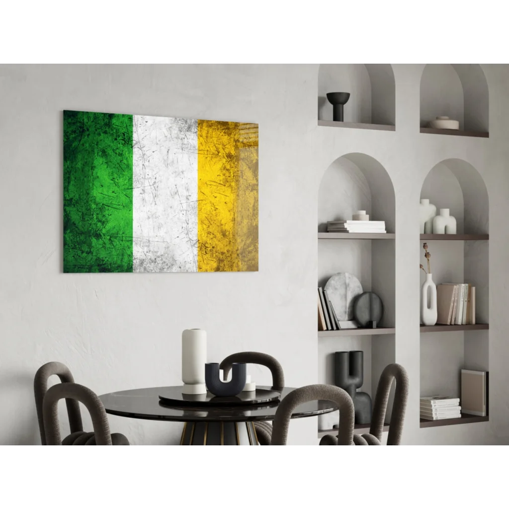 Vintage Irish flag canvas wall art with green white orange stripes and distressed texture