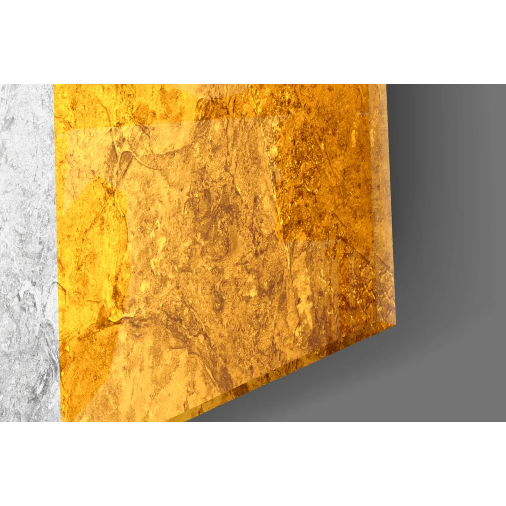 Golden amber glass wall art slab with swirling patterns and Irish flag stripes