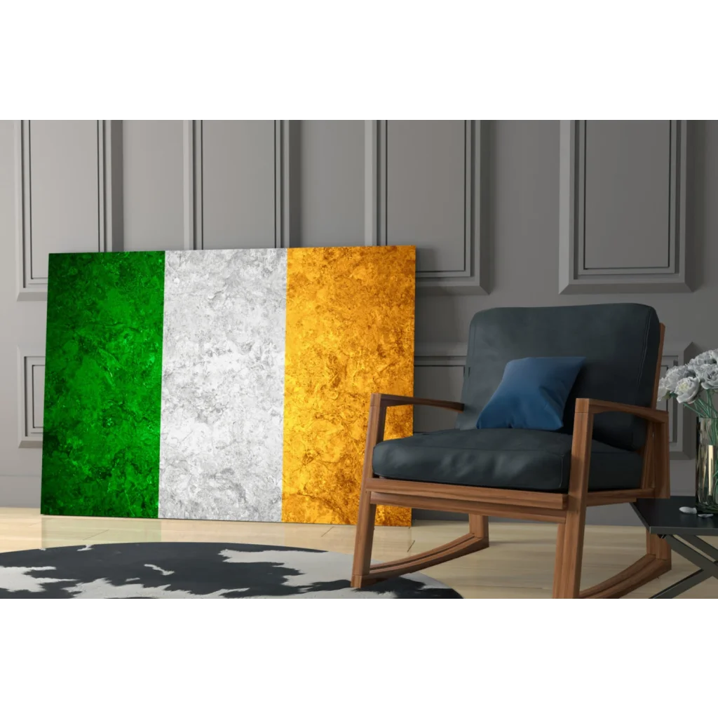 Irish flag textured canvas wall art with vibrant green, white, and gold stripes