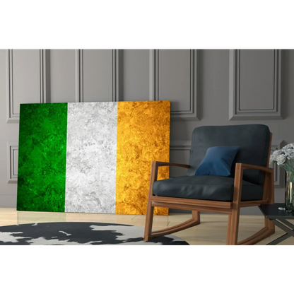 Irish flag textured canvas wall art with vibrant green, white, and gold stripes