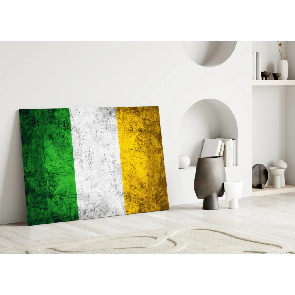 Vintage textured Irish flag canvas wall art with green white orange stripes