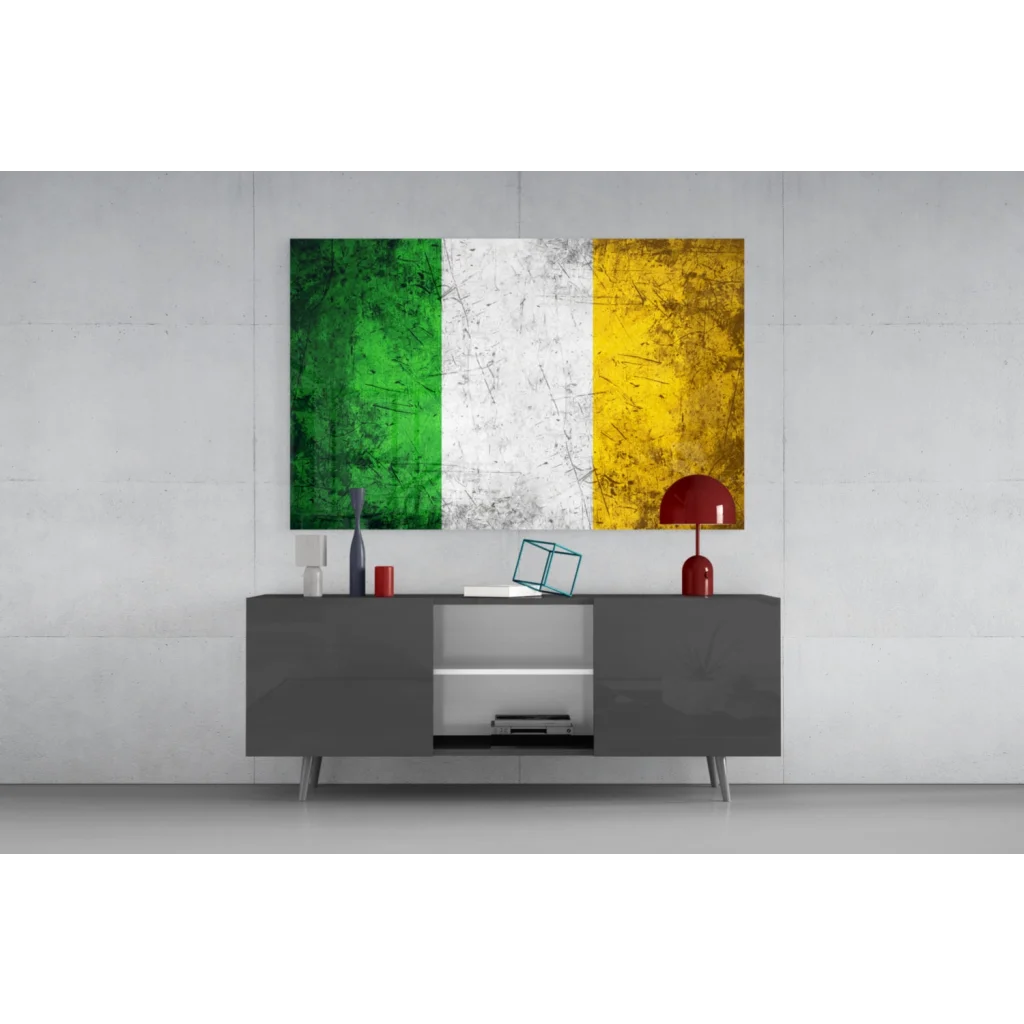 Vintage distressed Irish flag canvas wall art with textured green white orange stripes