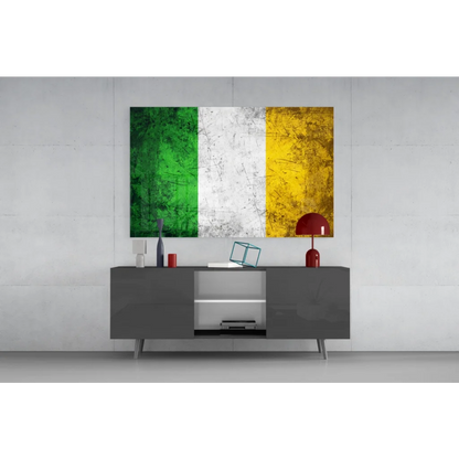 Vintage distressed Irish flag canvas wall art with textured green white orange stripes