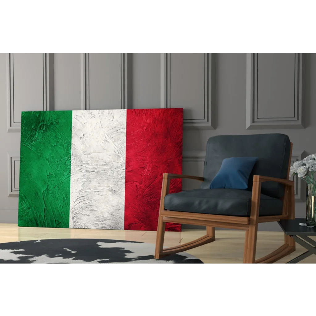 Vibrant Italian flag tempered glass art on canvas with green white red stripes