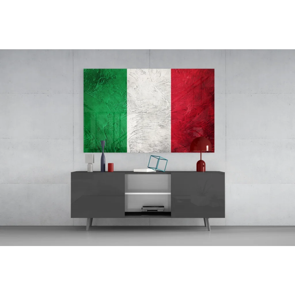 Vibrant Italian flag tempered glass art with tri-color stripes