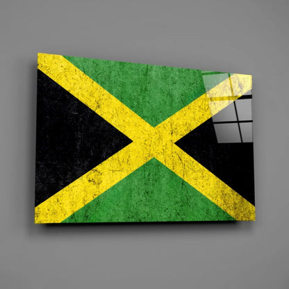 Distressed Jamaican flag insigne glass art with bold vintage green, yellow, black texture