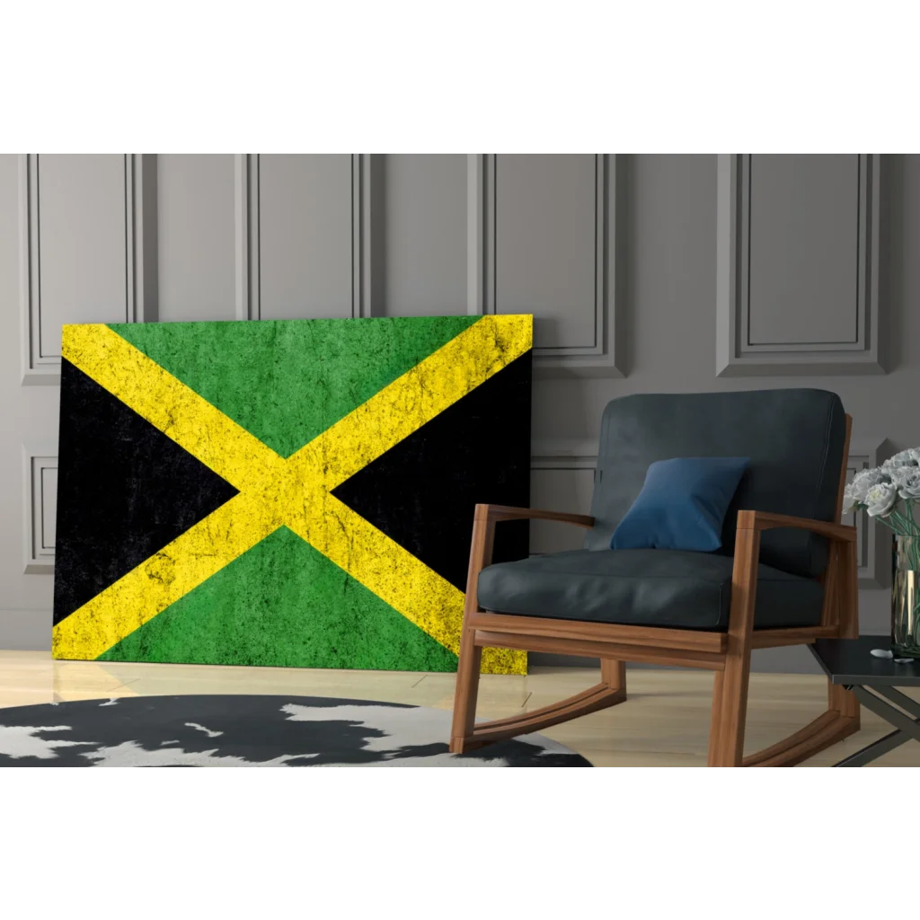 Jamaican flag glass wall art print with textured distressed finish