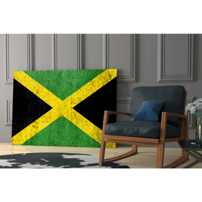 Jamaican flag glass wall art print with textured distressed finish