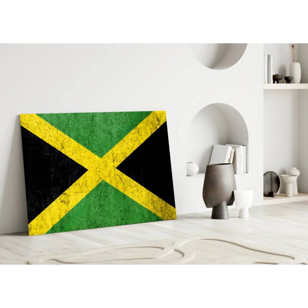 Jamaican flag glass wall art print with textured distressed finish