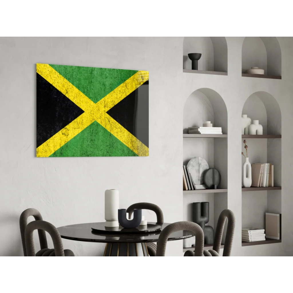 Vintage Jamaican flag insigne glass art on white wall