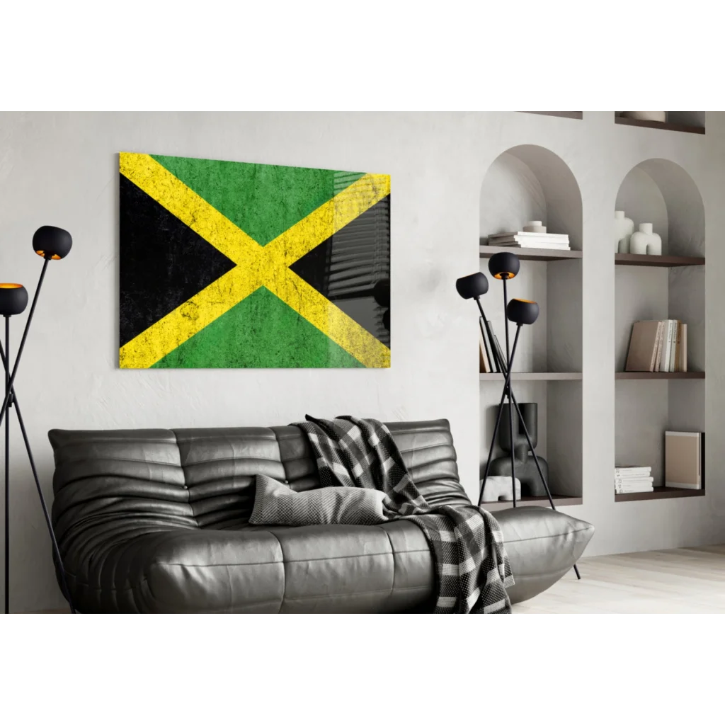 Vintage Jamaican flag insigne glass art with distressed texture